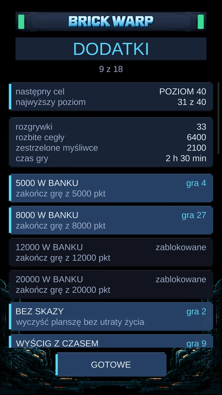 Ekran dodatków ze statystykami wszystkich rozgrywek i osiągnięciami