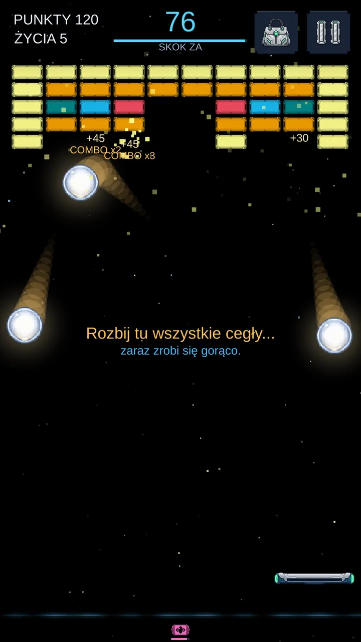 Poziom 19 podczas rozbijania cegieł trzema wielkimi piłkami po dwukrotnym zebraniu bonusu Wiele piłek